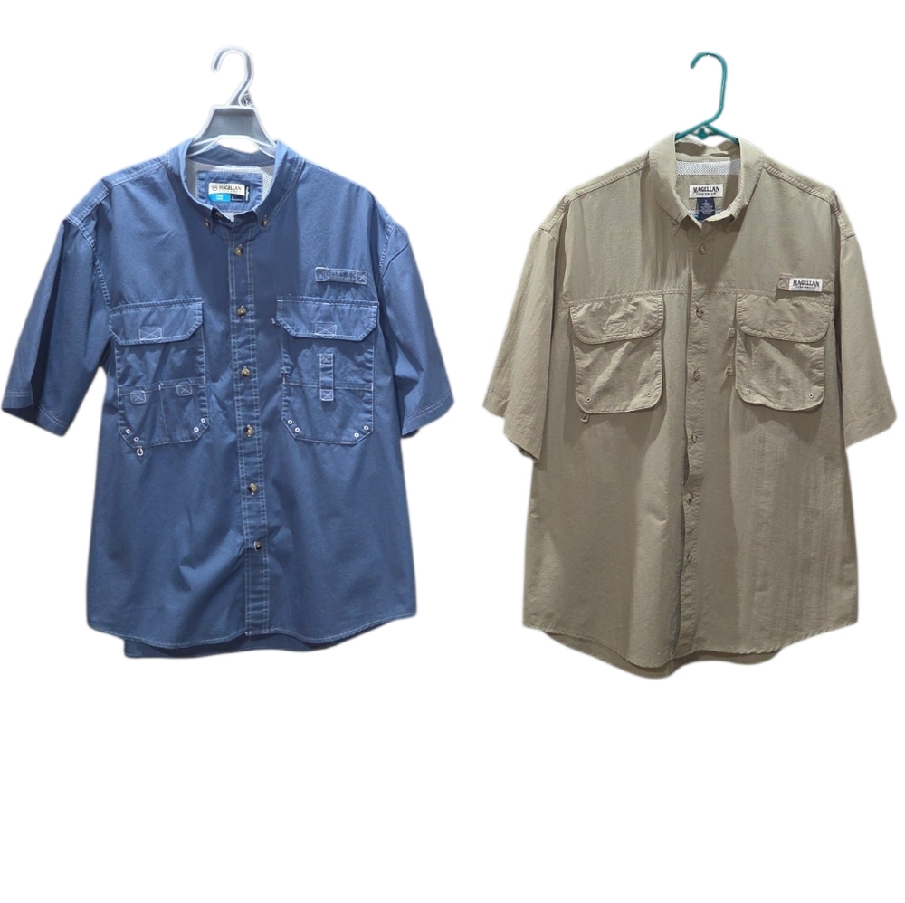 Magellan Outdoors Blue and Tan Casual Button Down Shirts